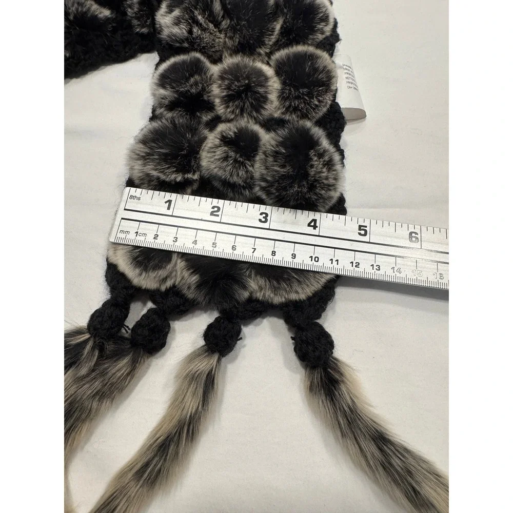 Genuine Rex Rabbit Fur Pom Pom Scarf Tail Fringe OS Black Gray Exc‎